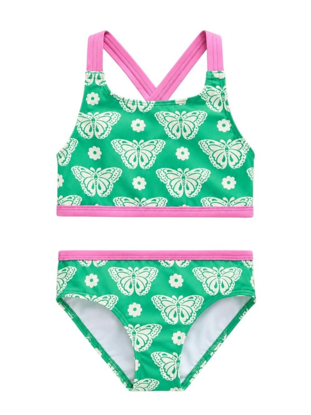 Mini Boden Girls Cross-Back Bikini Pea Green Butterfly Stamp 5-6Y Pool Beach